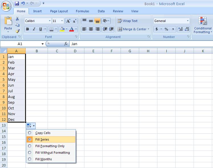 Excel Auto Fill Options bar